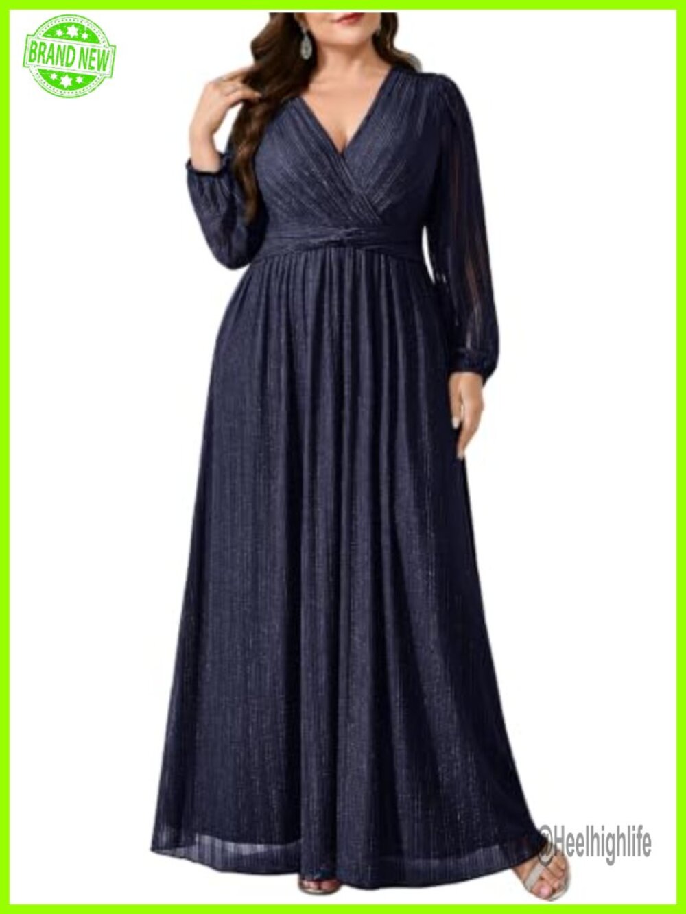 Plus Size Glitter Mesh Formal Gown V Neck Long Sleeve A Line Maxi Dress